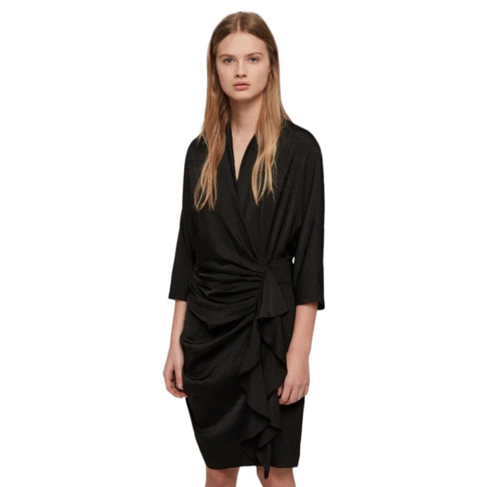 All Saints Womens Dress Issey Black Satin Ruched Ruffle Faux Wrap V Neck 10 M